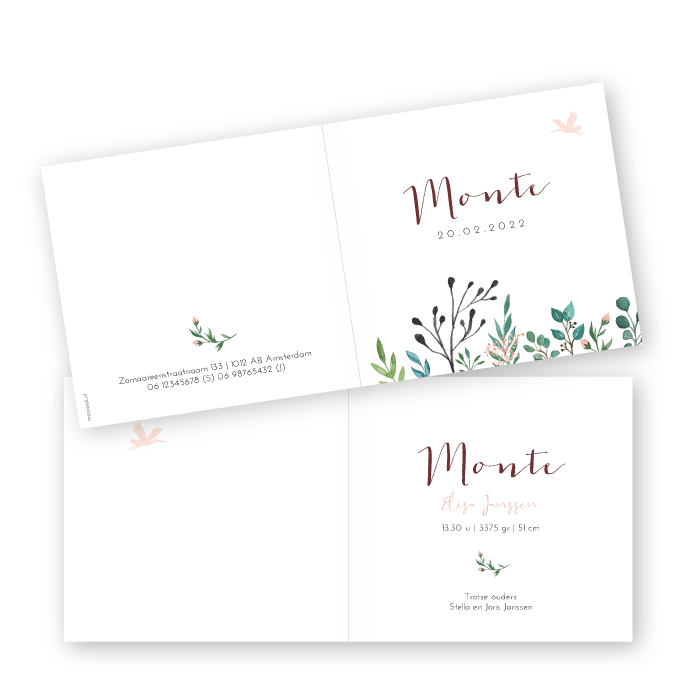 Klapkaart geboorte vierkant botanisch