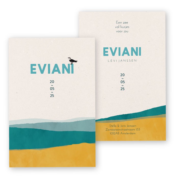 Babykaartje zee en waterverf en strand