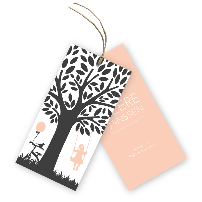 Geboortekaartje label meisje boom met schommel Veere