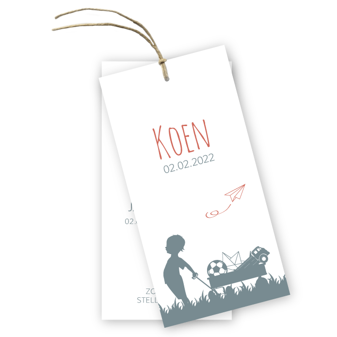 Geboortelabel jongetje bolderkar en speelgoed Koen