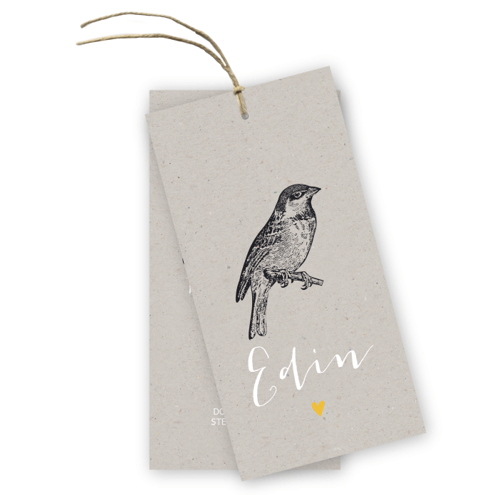 Label geboortekaartje grijs kraft vogeltje Edin