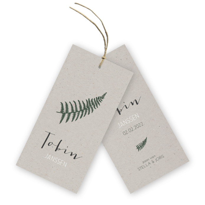 Label geboortekaartje grijs karton Varen Tobin