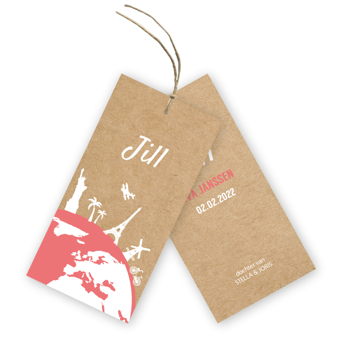 Label geboortekaartje kraft karton wereldbol Jill