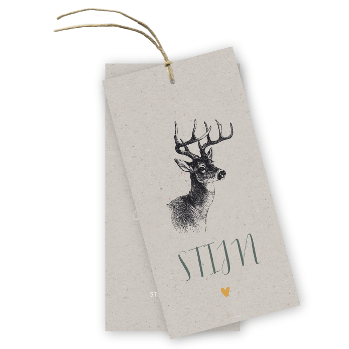 Label geboortekaartje grijs kraft hert  Stijn